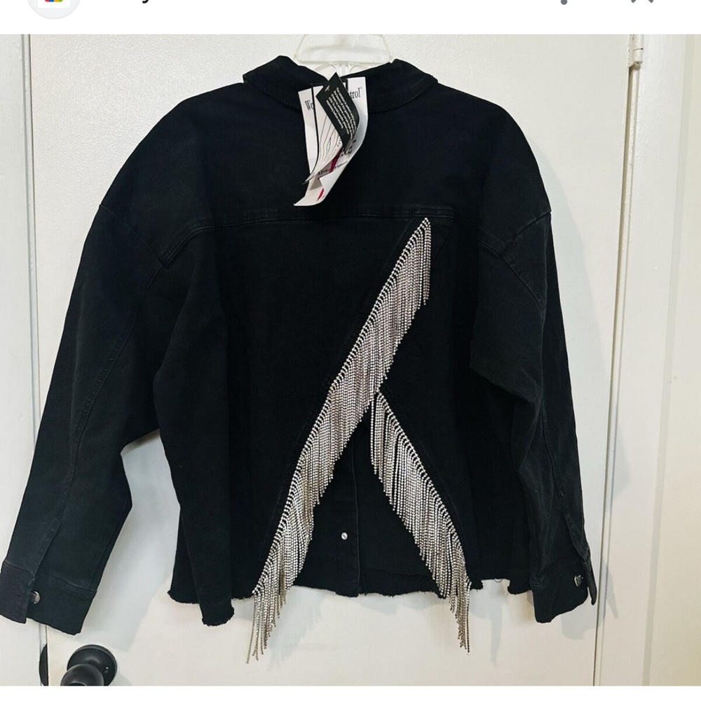 Black Denim Rhinestone Fringe Detailing Jacket